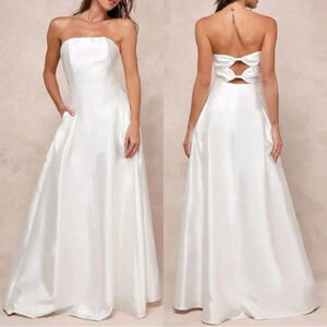 NWOT Lulus Pristine Love White Taffeta Strapless‎ Maxi Dress With Pockets